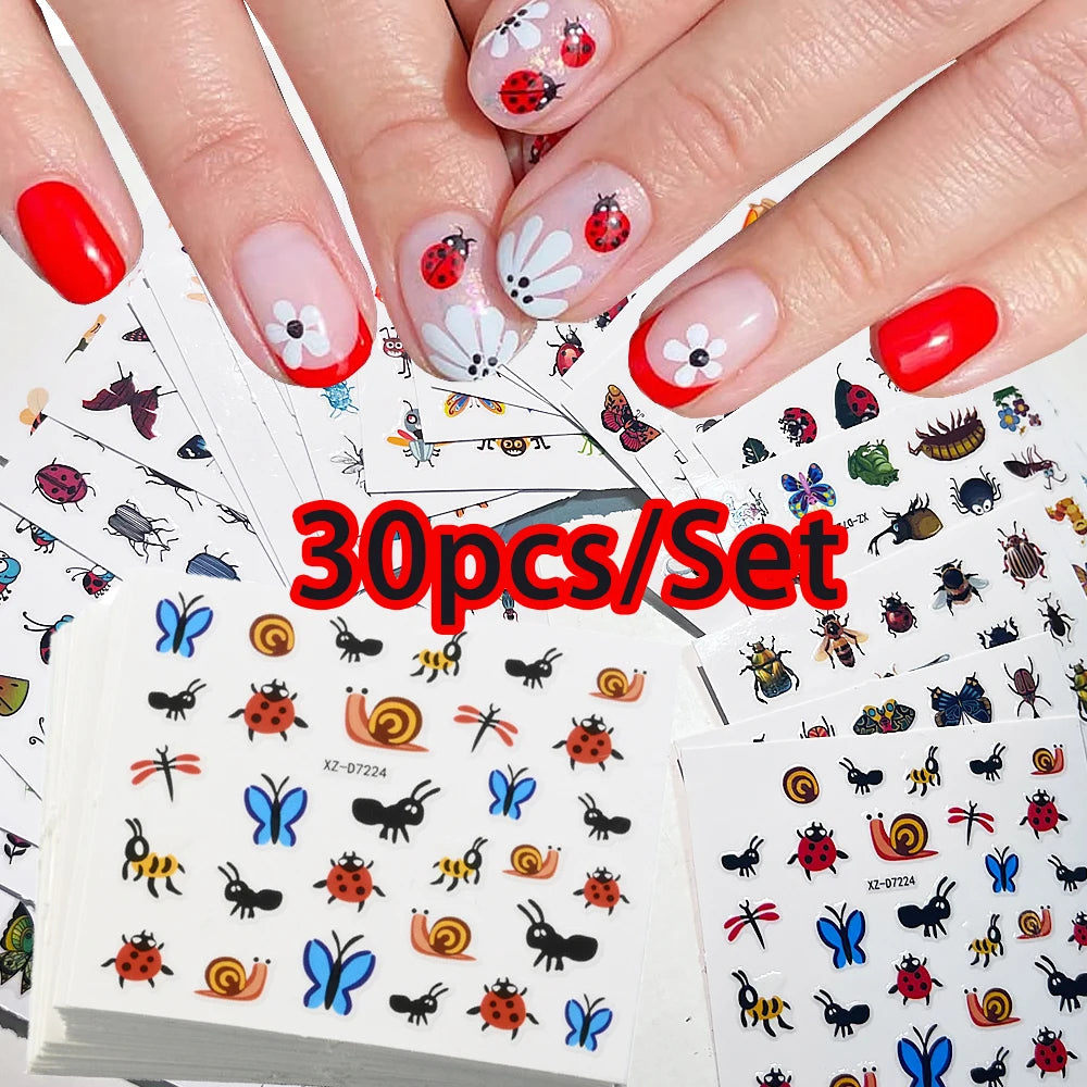 30 pezzi/set adesivi per unghie a forma di coccinella a sette stelle, 3D, farfalla creativa, coccinella, lumaca, ape, serie di insetti, decalcomanie per unghie, decorazioni per manicure 