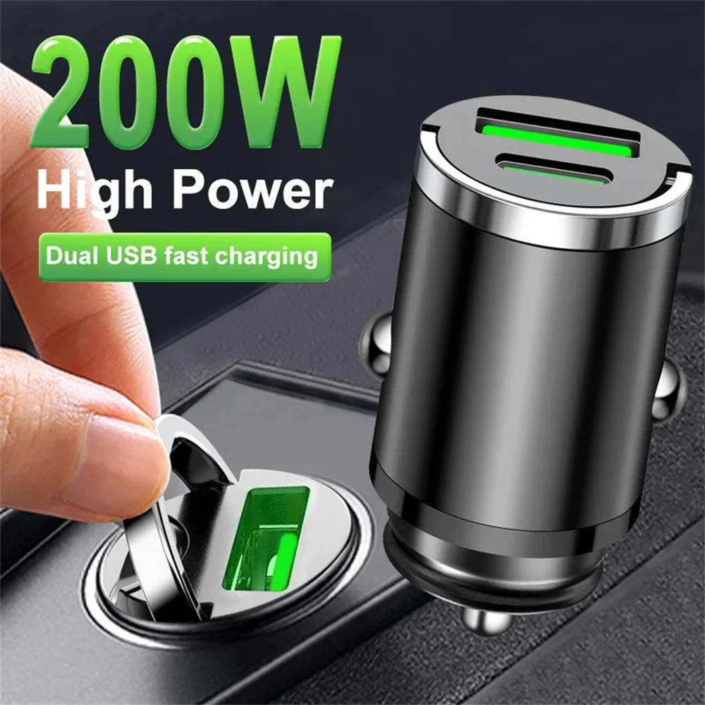 Caricabatterie da auto USB mini da 200 W con doppia porta, adattatore per caricabatterie da auto a ricarica rapida per iPhone 13 12 Xiaomi Huawei Samsung 