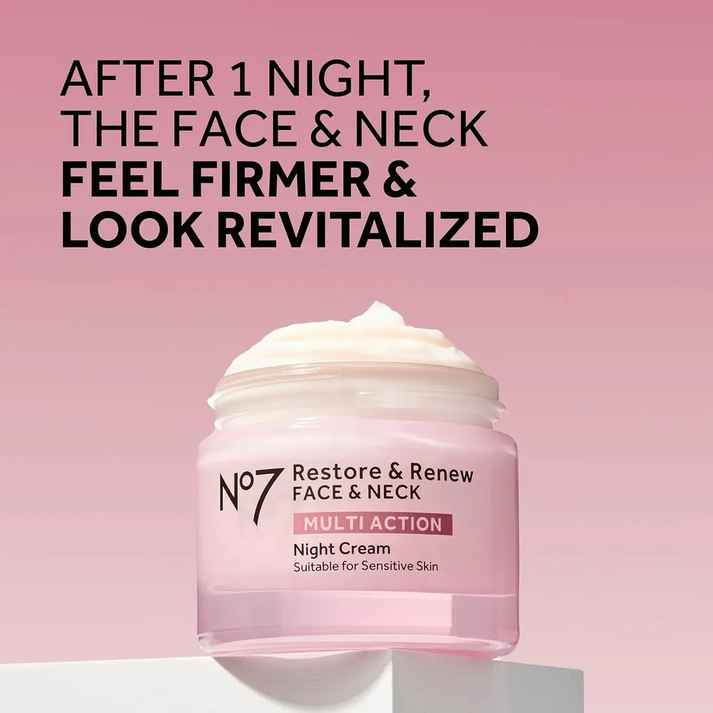 Crema notte multi-azione No7 Restore &amp; Renew per viso e collo - Crema idratante viso notturna con peptidi di collagene - Crema anti-età 