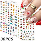 30 pezzi/set adesivi per unghie a forma di coccinella a sette stelle, 3D, farfalla creativa, coccinella, lumaca, ape, serie di insetti, decalcomanie per unghie, decorazioni per manicure 