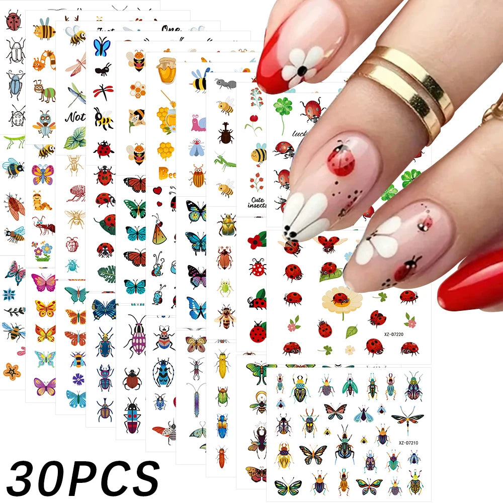 30 pezzi/set adesivi per unghie a forma di coccinella a sette stelle, 3D, farfalla creativa, coccinella, lumaca, ape, serie di insetti, decalcomanie per unghie, decorazioni per manicure 