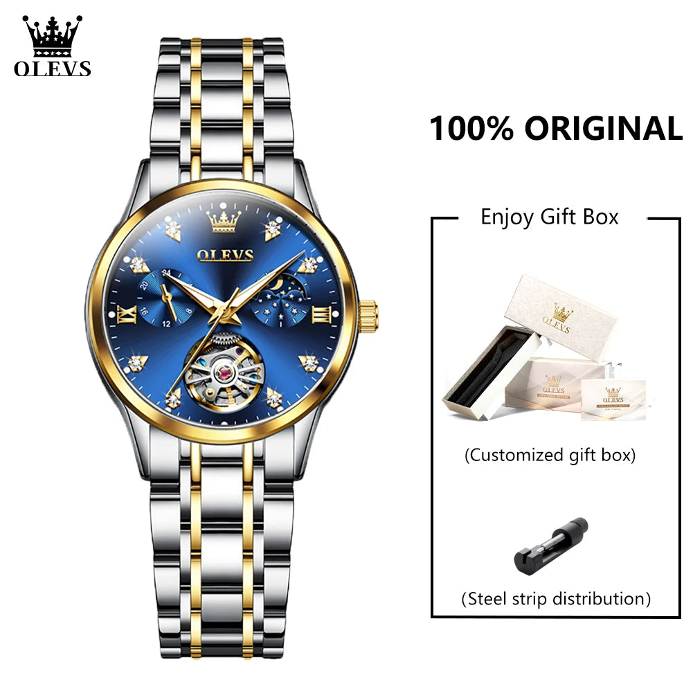 OLEVS 6608 Womens Watch Automatic Mechanical Movement Business Wristwatch Waterproof Stainless Steel Calendar Watch for Women