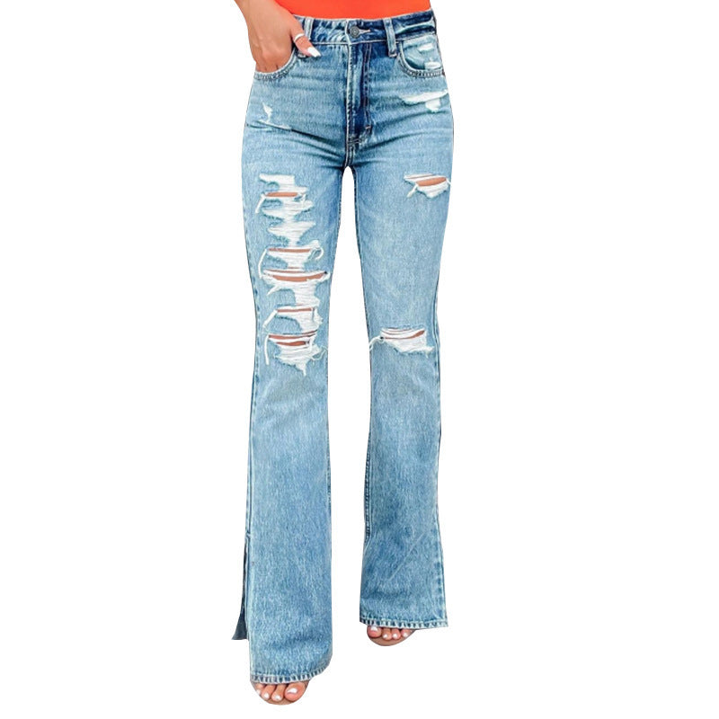Edizione 25 – Jeans elasticizzati con strappi a vita alta per donna