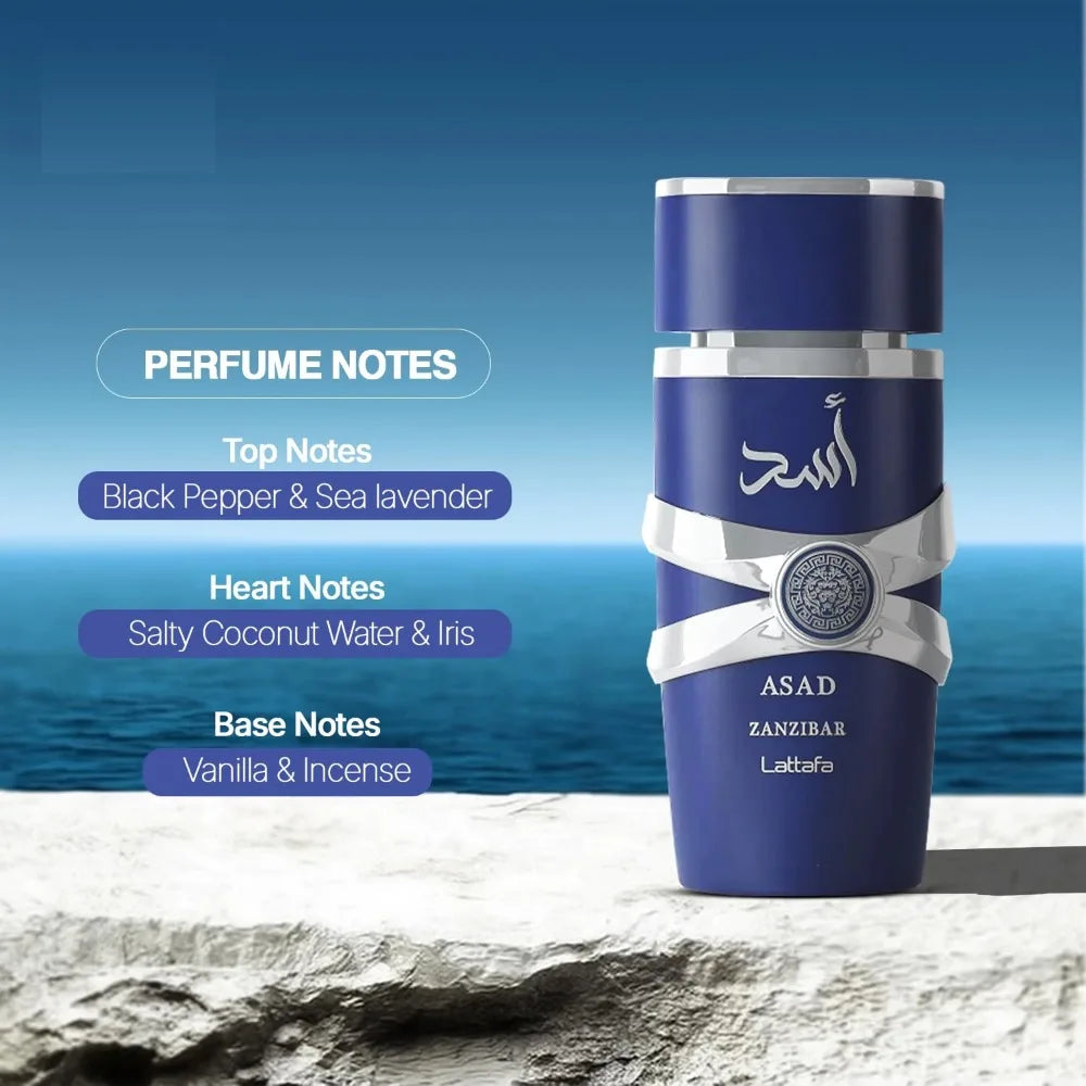 Lattafa Asad Zanzibar Eau de Parfum - Fragranza fresca, speziata, vaniglia e cocco a lunga durata per uomo, 100 ml / 3,40 once