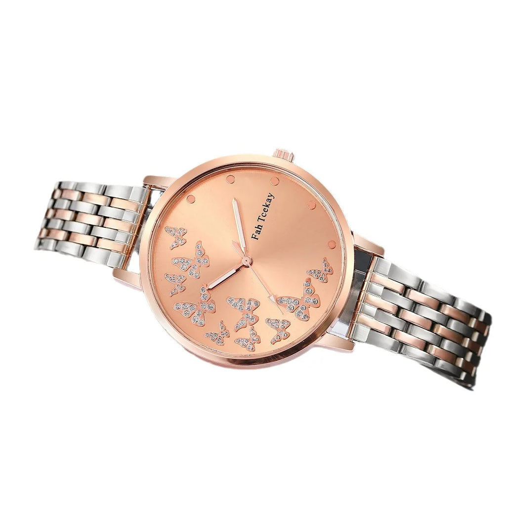 Nessuna confezione regalo Orologio da donna alla moda con cinturino in acciaio, orologio al quarzo con quadrante a farfalla e diamanti, set di 5 gioielli a farfalla 