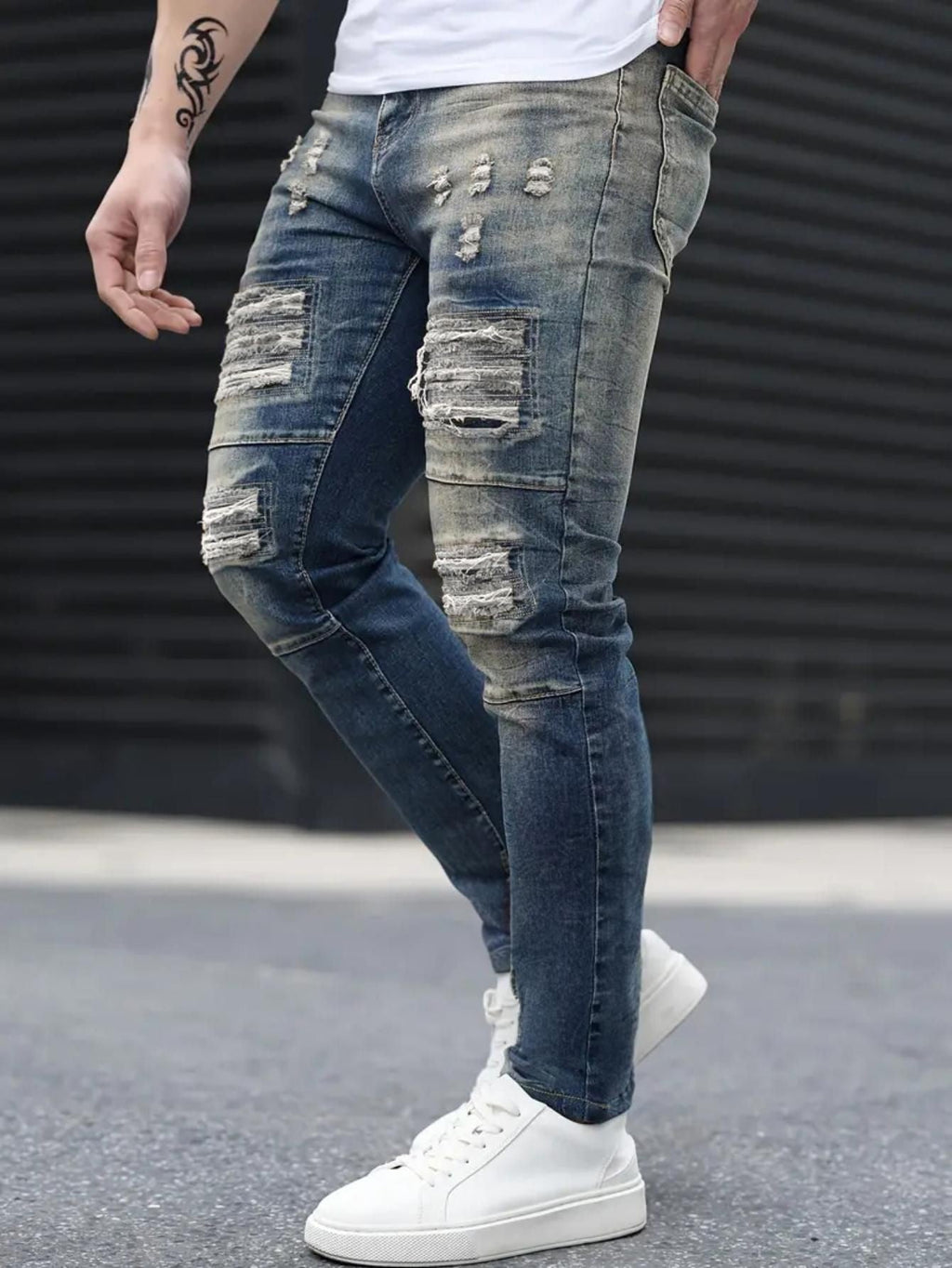 Jeans elasticizzati strappati da uomo – Blu navy High Street | Urban Cool 25 Edition