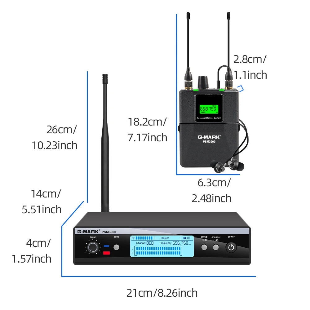 Monitor in-ear wireless G-MARK PSM3000 UHF Stereo Frequenza di ritorno sul palco selezionabile per cantanti, chitarristi, studio, band, performance 