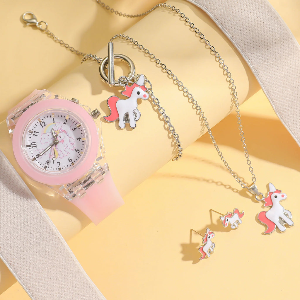 Set di quattro orologi senza scatola e pony rosa per bambine, adatti per feste e regali di compleanno 