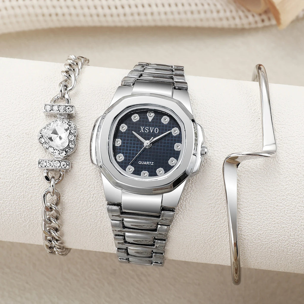 Nessuna confezione regalo, orologi in piccoli lotti, versione coreana degli orologi al quarzo versatili quadrati con bracciale di diamanti a forma di cuore, 3 set 