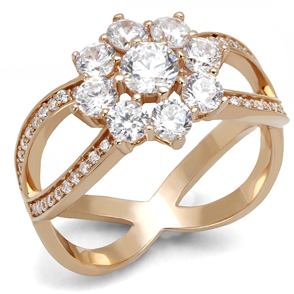 TS586 - Anello in argento sterling 925 color oro rosa con zirconi cubici trasparenti di grado AAA
