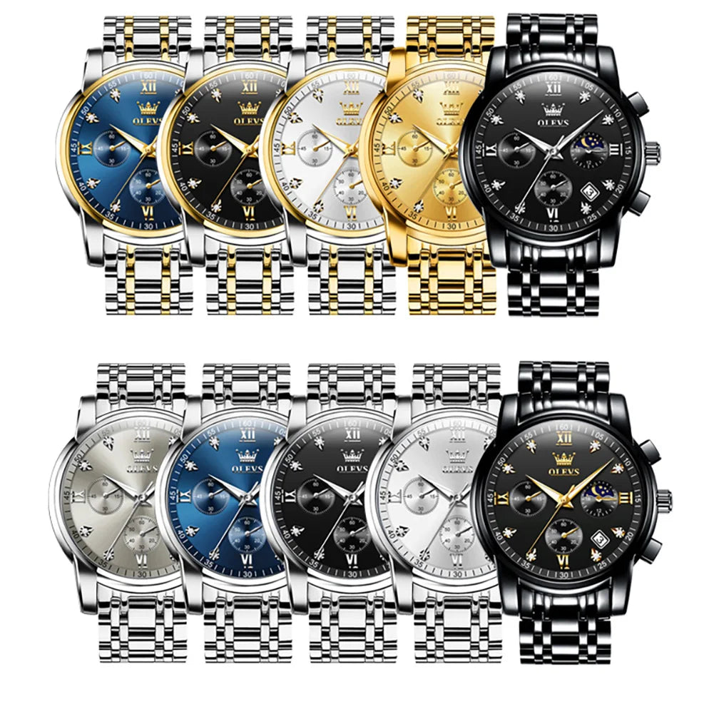 OLEVS Orologi da uomo popolari in acciaio inossidabile nero con fasi lunari, cronografo al quarzo, orologio da polso originale del marchio per uomo.