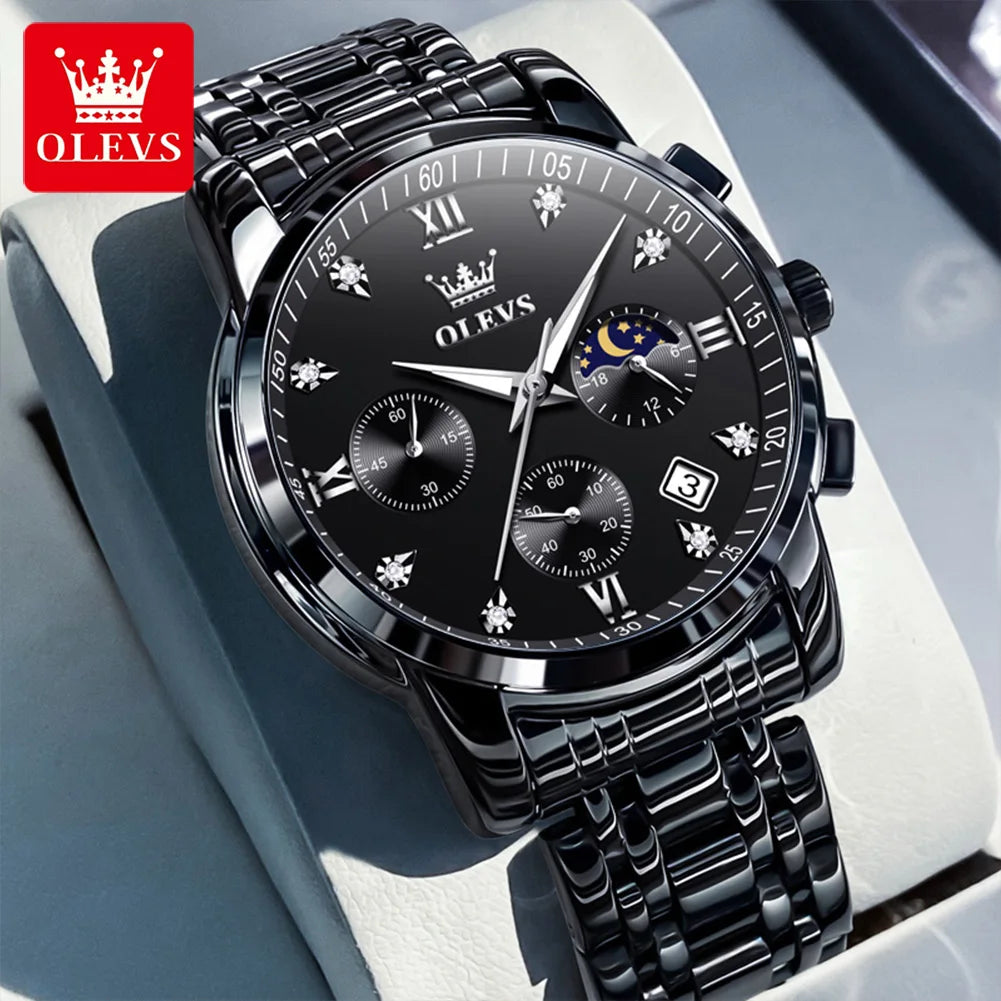 OLEVS Orologi da uomo popolari in acciaio inossidabile nero con fasi lunari, cronografo al quarzo, orologio da polso originale del marchio per uomo.