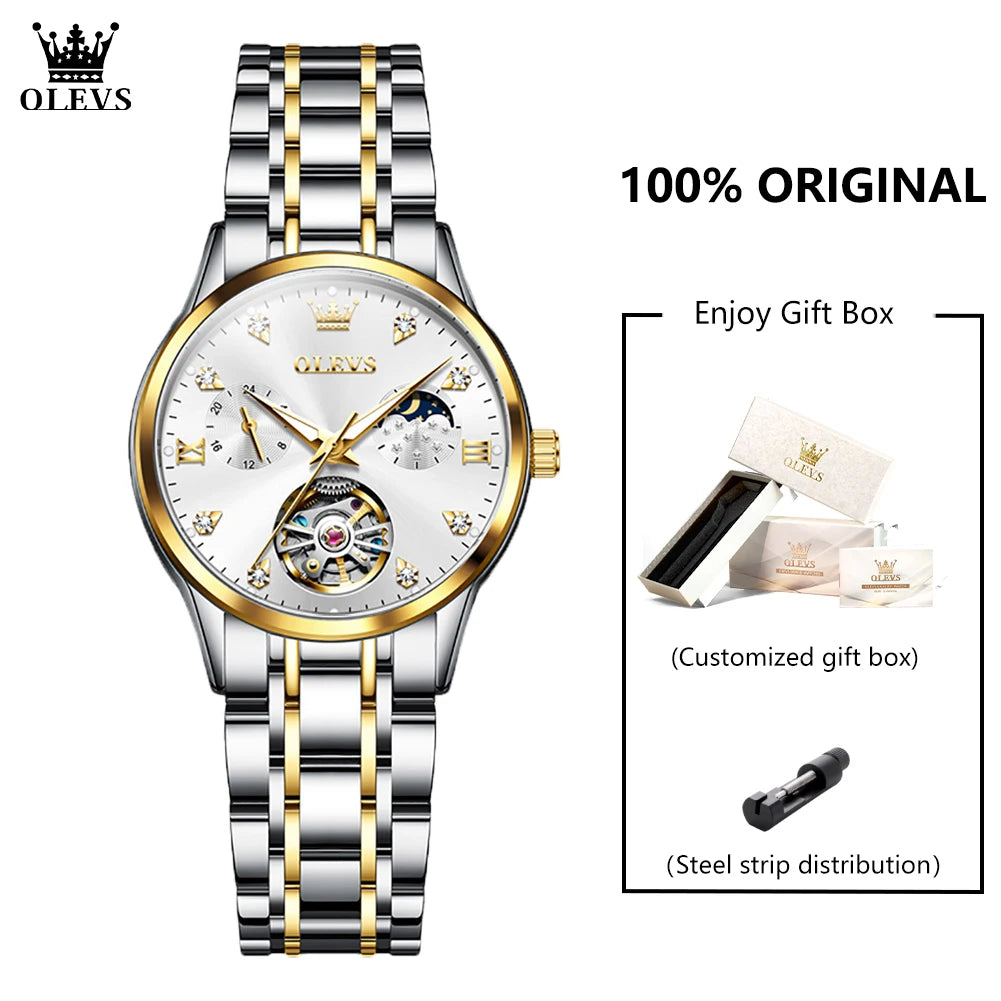 OLEVS 6608 Womens Watch Automatic Mechanical Movement Business Wristwatch Waterproof Stainless Steel Calendar Watch for Women