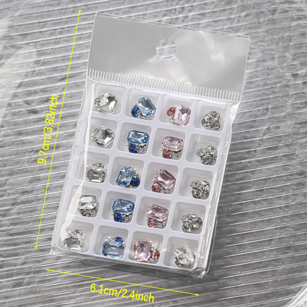 20 pezzi di decorazioni per nail art con diamanti impilati in vetro 3D, strass trasparenti/rosa/blu di lusso, ciondoli per unghie, accessori per manicure fai da te 