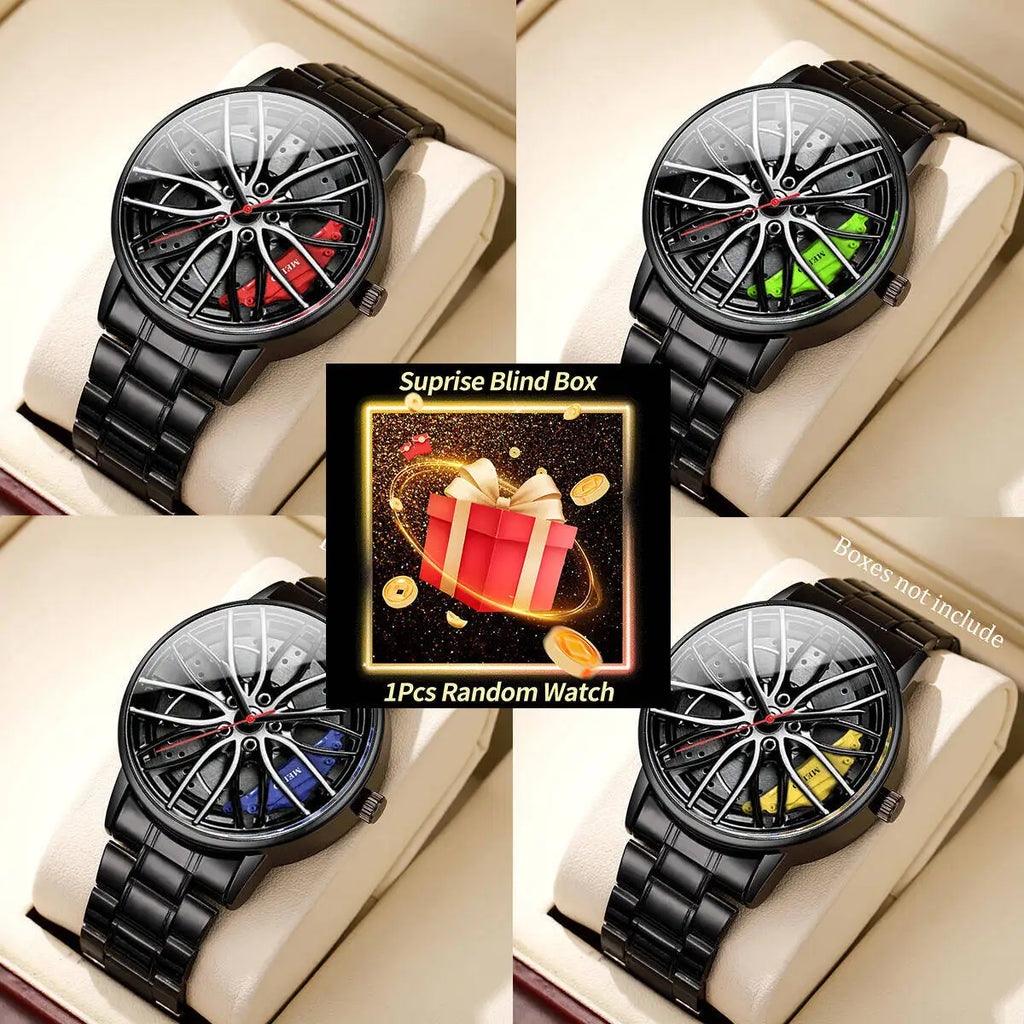 1 orologio a sorpresa misterioso con scatola cieca - Orologi sportivi da uomo alla moda con ruota di auto 3D, cinturino in acciaio inossidabile (senza scatola) 