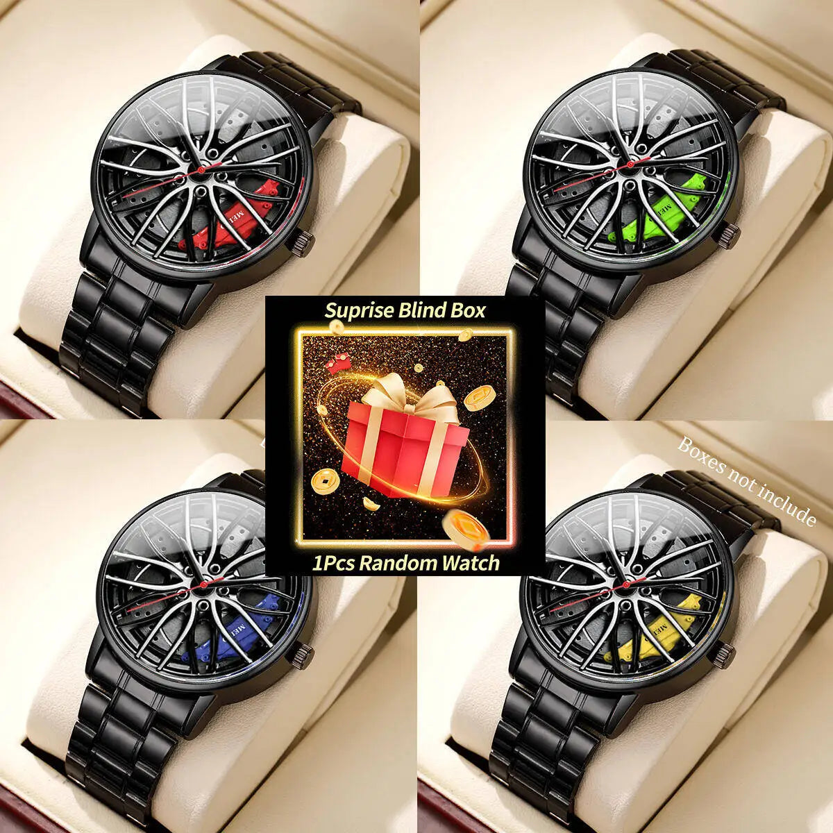 1 orologio a sorpresa misterioso con scatola cieca - Orologi sportivi da uomo alla moda con ruota di auto 3D, cinturino in acciaio inossidabile (senza scatola) 