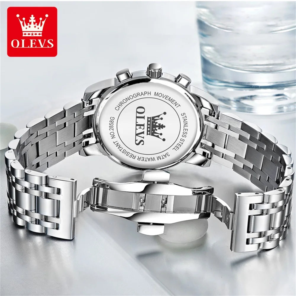 OLEVS Orologi da uomo popolari in acciaio inossidabile nero con fasi lunari, cronografo al quarzo, orologio da polso originale del marchio per uomo.