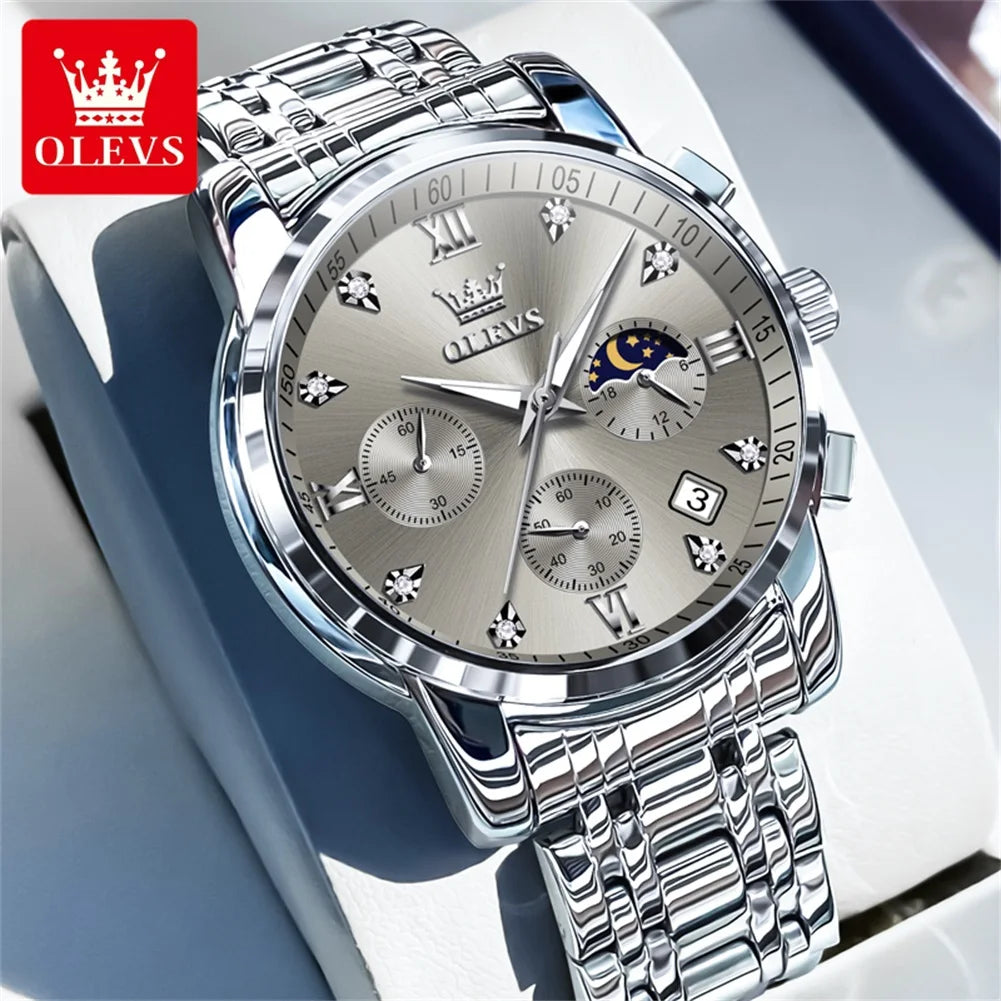 OLEVS Orologi da uomo popolari in acciaio inossidabile nero con fasi lunari, cronografo al quarzo, orologio da polso originale del marchio per uomo.