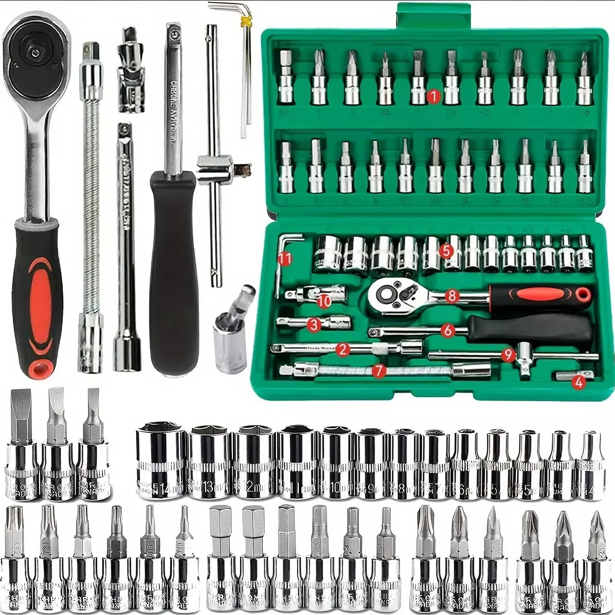 Set di chiavi a bussola da 46 pezzi, set di chiavi a cricchetto da 1/4 di pollice, kit di utensili meccanici per la riparazione di auto, con bussole, set di bussole esagonali metriche 