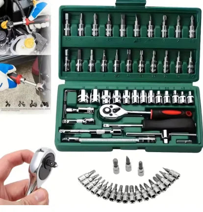 Set di chiavi a bussola da 46 pezzi, set di chiavi a cricchetto da 1/4 di pollice, kit di utensili meccanici per la riparazione di auto, con bussole, set di bussole esagonali metriche 