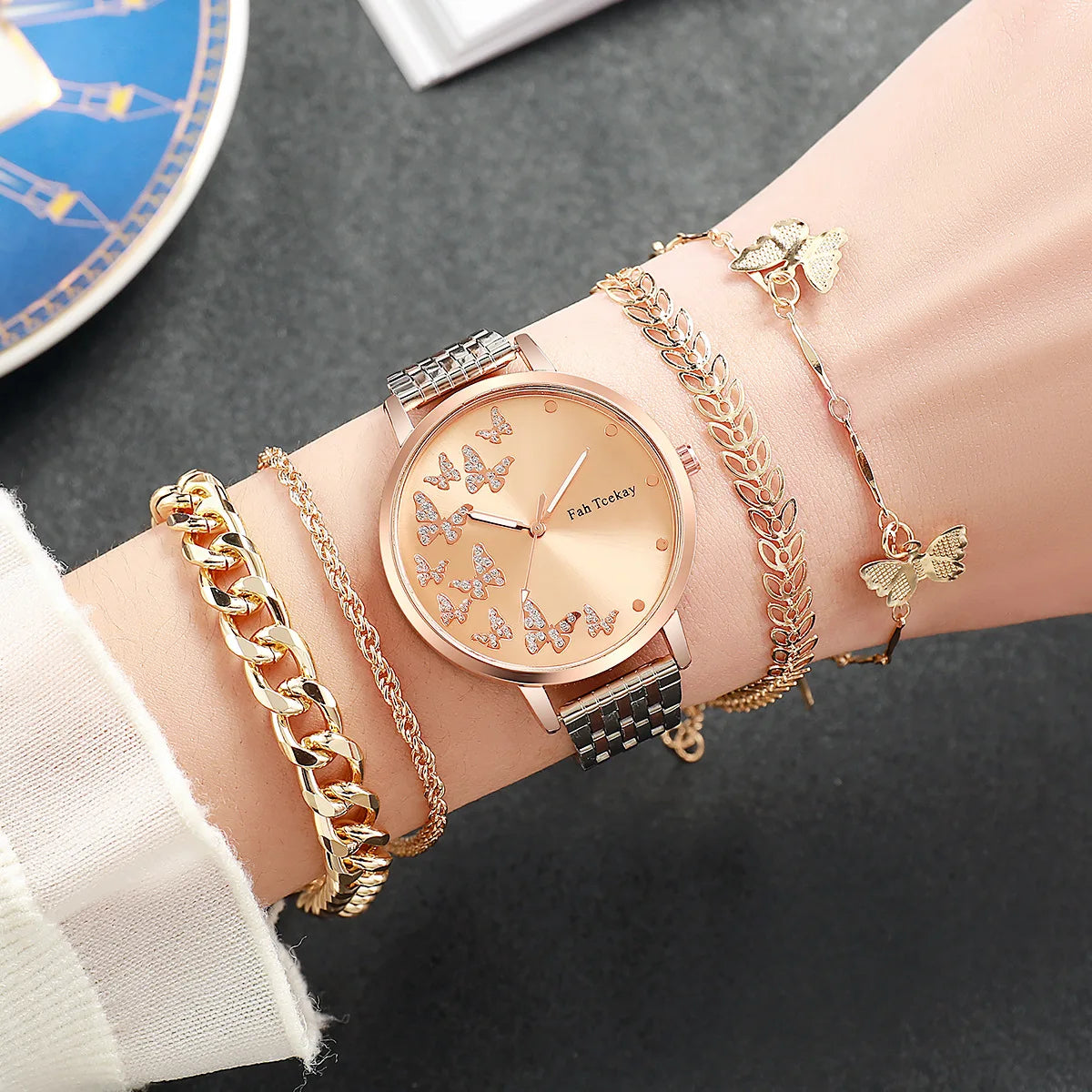 No gift box Fashion women's steel strap watch leisure butterfly diamond face quartz watch   butterfly jewelry 5 piece set