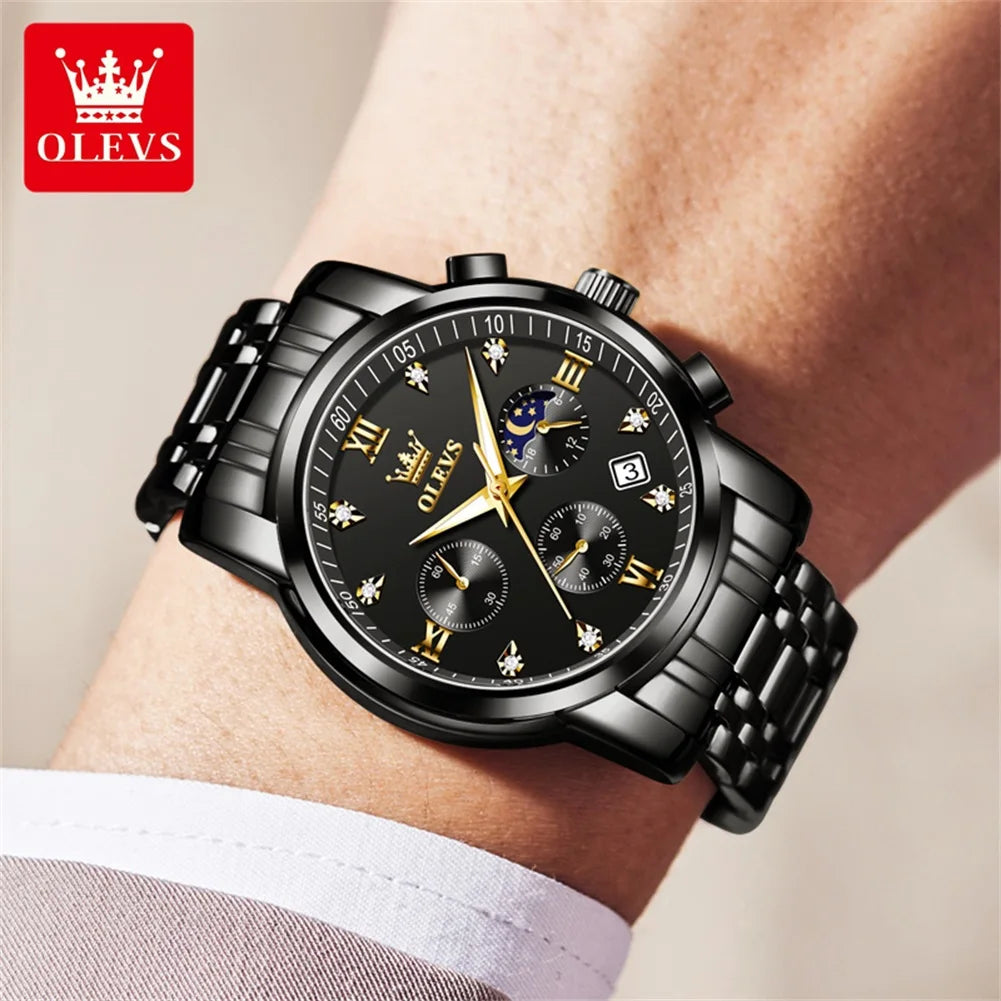 OLEVS Orologi da uomo popolari in acciaio inossidabile nero con fasi lunari, cronografo al quarzo, orologio da polso originale del marchio per uomo.