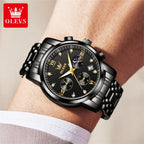 OLEVS Orologi da uomo popolari in acciaio inossidabile nero con fasi lunari, cronografo al quarzo, orologio da polso originale del marchio per uomo.
