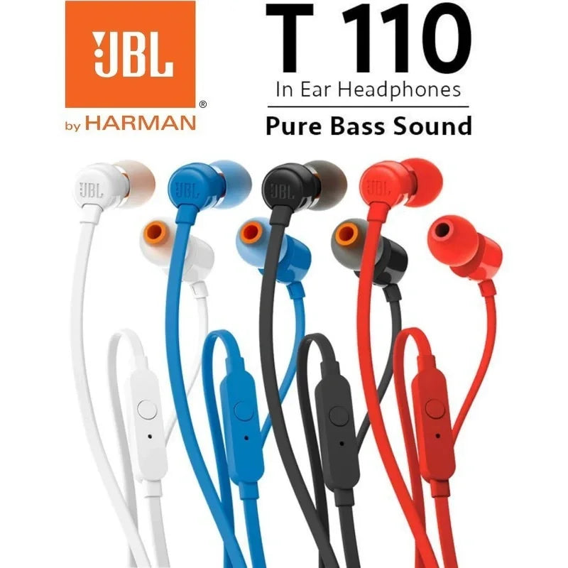 JBL TUNE 110 Cuffie auricolari cablate ufficialmente autorizzate Microfono integrato Interfaccia da 3,5 mm Cuffia auricolare in silicone per chiamate sportive