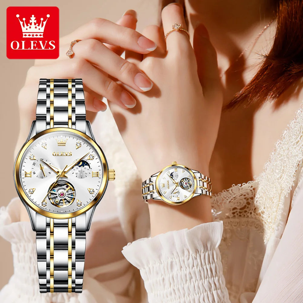 OLEVS 6608 Womens Watch Automatic Mechanical Movement Business Wristwatch Waterproof Stainless Steel Calendar Watch for Women