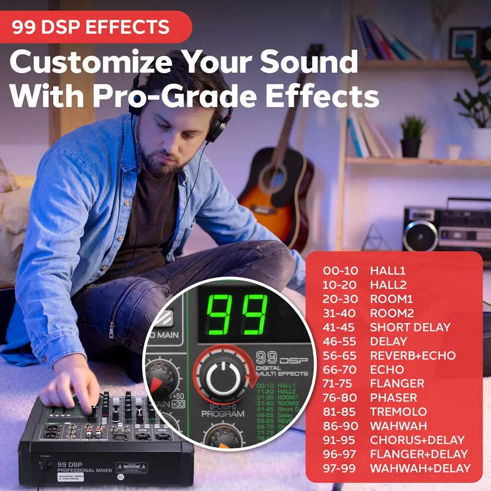 Mixer audio a 6 canali, controller DJ da studio Bluetooth, effetti digitali, interfaccia USB, compatibile con MP3, ingressi XLR