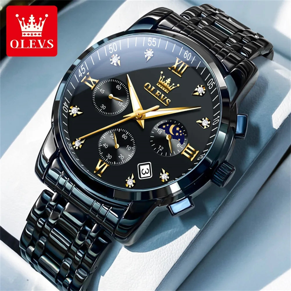 OLEVS Orologi da uomo popolari in acciaio inossidabile nero con fasi lunari, cronografo al quarzo, orologio da polso originale del marchio per uomo.