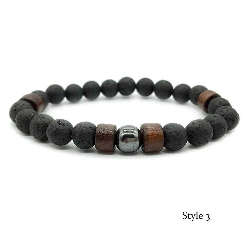 Bracciale in pietra vulcanica da 8 mm per uomo, con perline di legno lavico, braccialetto tibetano Buddha, catena da polso maschile, gioielli fatti a mano, braccialetto elastico 