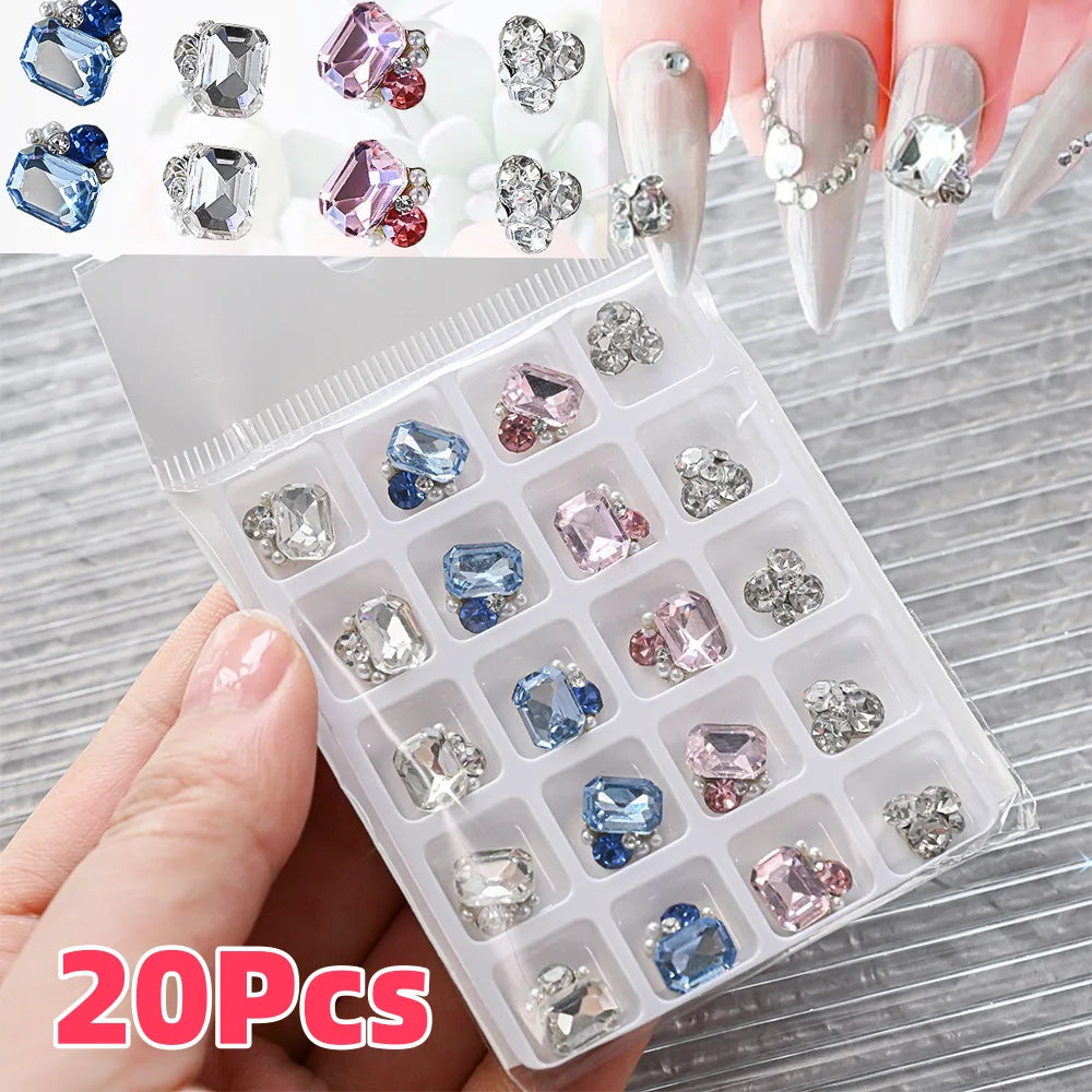 20 pezzi di decorazioni per nail art con diamanti impilati in vetro 3D, strass trasparenti/rosa/blu di lusso, ciondoli per unghie, accessori per manicure fai da te 