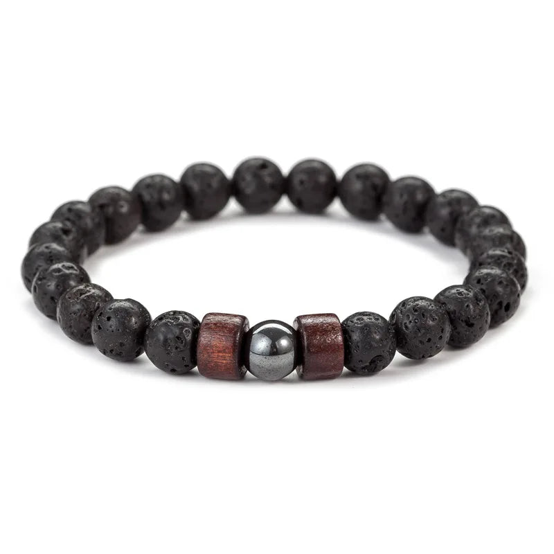 Bracciale in pietra vulcanica da 8 mm per uomo, con perline di legno lavico, braccialetto tibetano Buddha, catena da polso maschile, gioielli fatti a mano, braccialetto elastico 