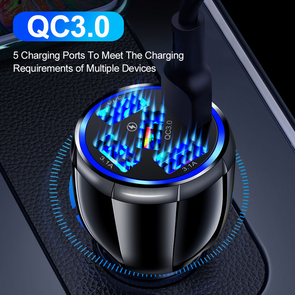 Caricabatterie da auto QC3.0 a ricarica rapida da 15 W con 5 USB