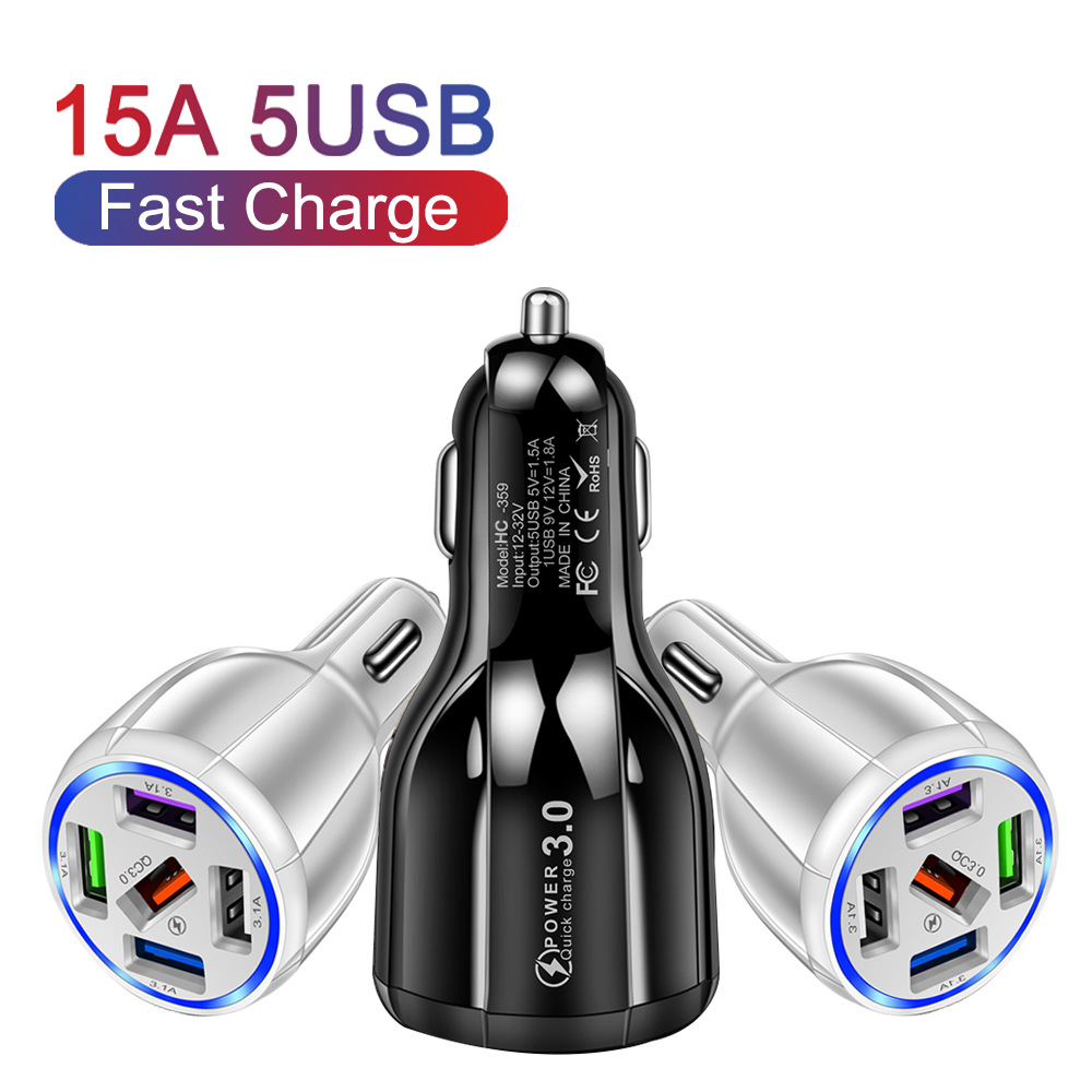 Caricabatterie da auto QC3.0 a ricarica rapida da 15 W con 5 USB