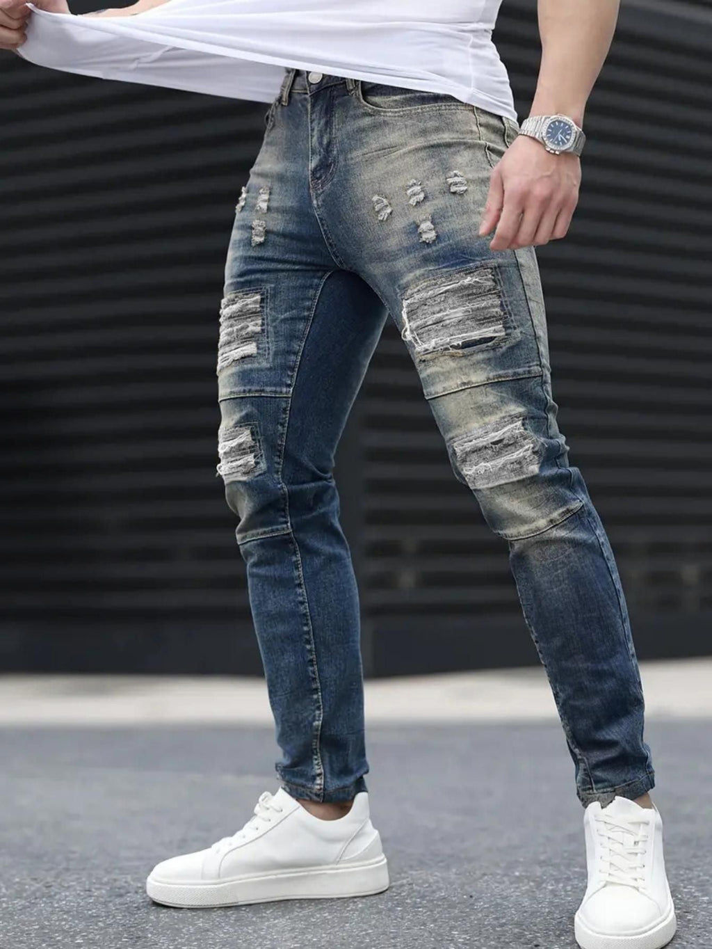 Jeans elasticizzati strappati da uomo – Blu navy High Street | Urban Cool 25 Edition