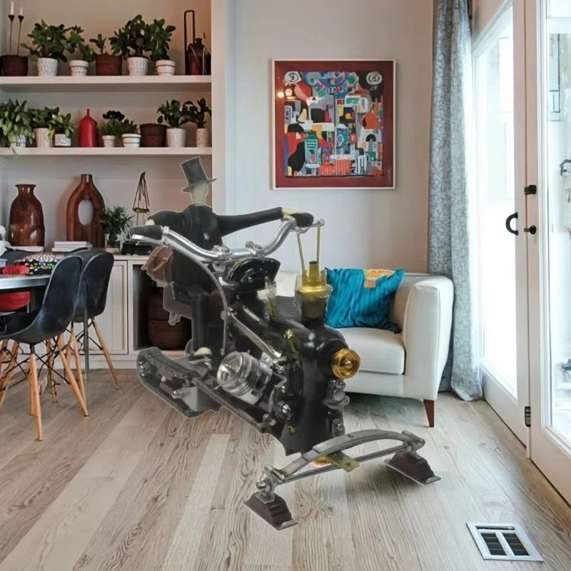 Modello di motoslitta: un'opera d'arte in metallo, realizzata con cura, raffigurante un'auto a vapore in stile steampunk, progettata come ornamento da scrivania. 