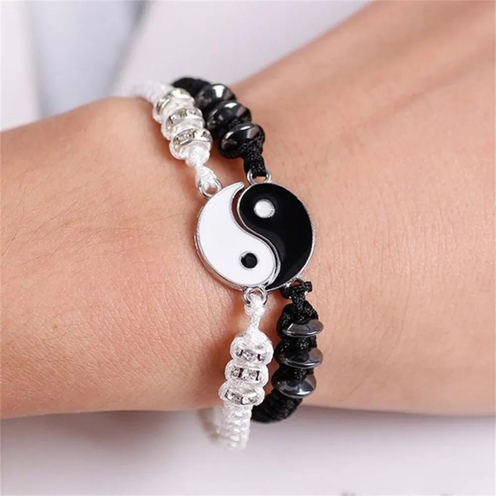 Set di 2 gioielli per coppia, bracciale Tai Chi bianco e nero, corda regolabile, set di gioielli da indossare tutti i giorni, stile semplice 