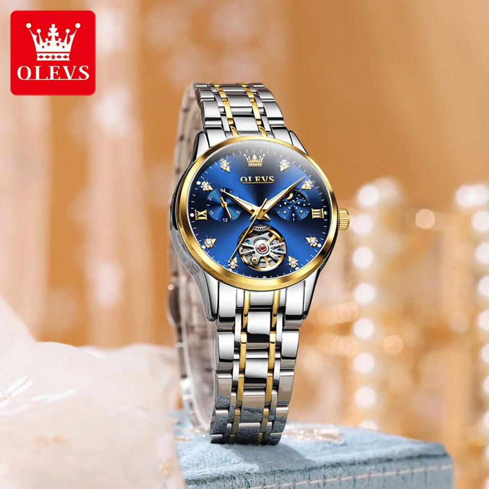 Orologio da donna OLEVS 6608 con movimento meccanico automatico, orologio da polso da lavoro, impermeabile, in acciaio inossidabile, con calendario, per donna 