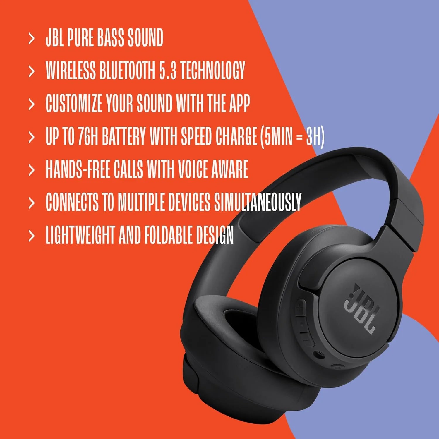 JBL TUNE 720BT Cuffie Bluetooth wireless over-ear Cancellazione attiva del rumore Funzionamento tramite pulsante Stereo bifacciale Design pieghevole