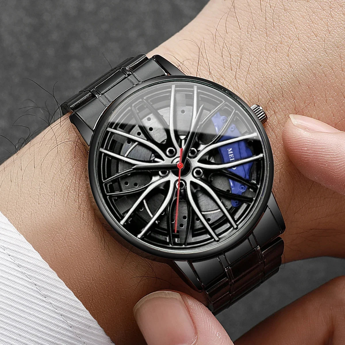 1 orologio a sorpresa misterioso con scatola cieca - Orologi sportivi da uomo alla moda con ruota di auto 3D, cinturino in acciaio inossidabile (senza scatola) 