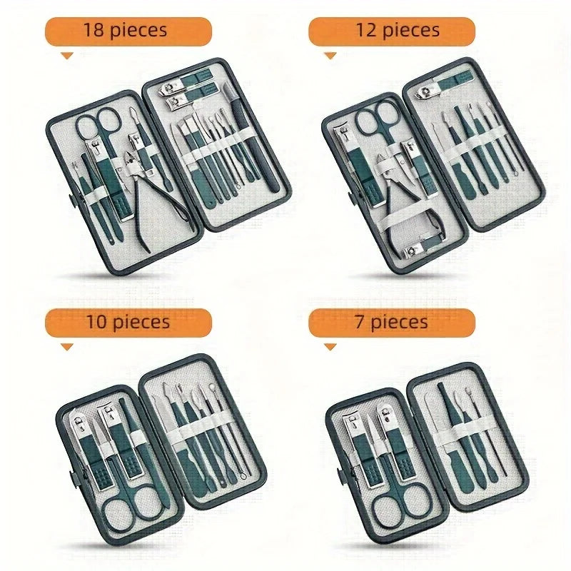 Kit professionale per la cura delle unghie da 7/10/12/18 pezzi, set per manicure e pedicure in acciaio inossidabile, set tagliaunghie con custodia da viaggio 