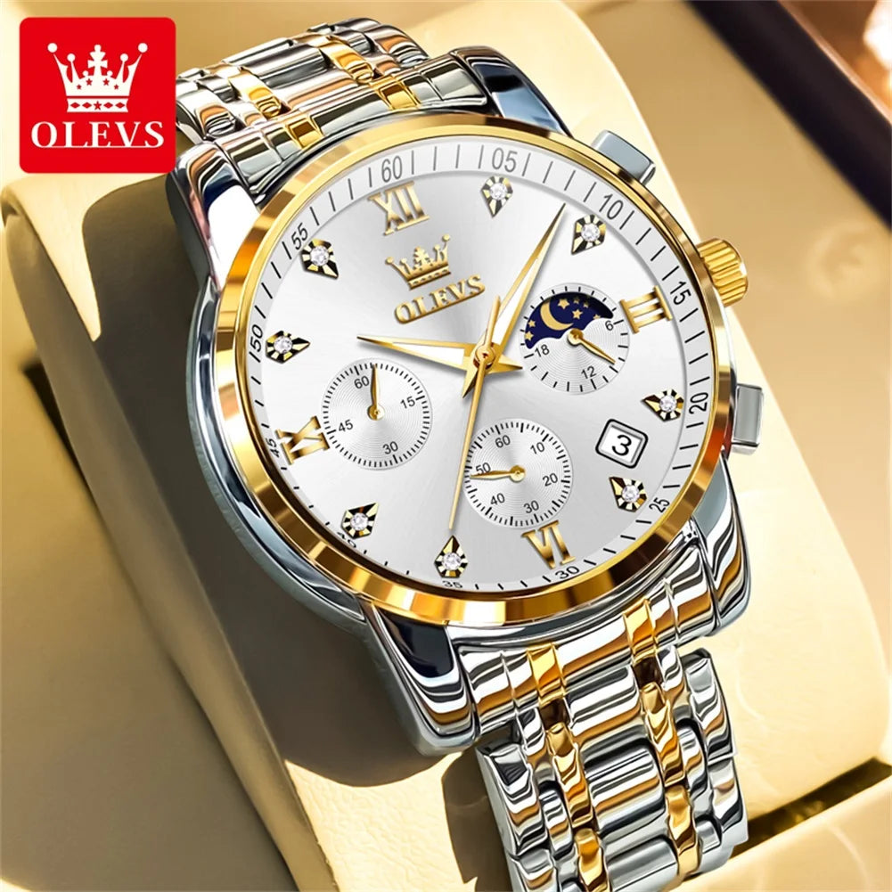 OLEVS Orologi da uomo popolari in acciaio inossidabile nero con fasi lunari, cronografo al quarzo, orologio da polso originale del marchio per uomo.