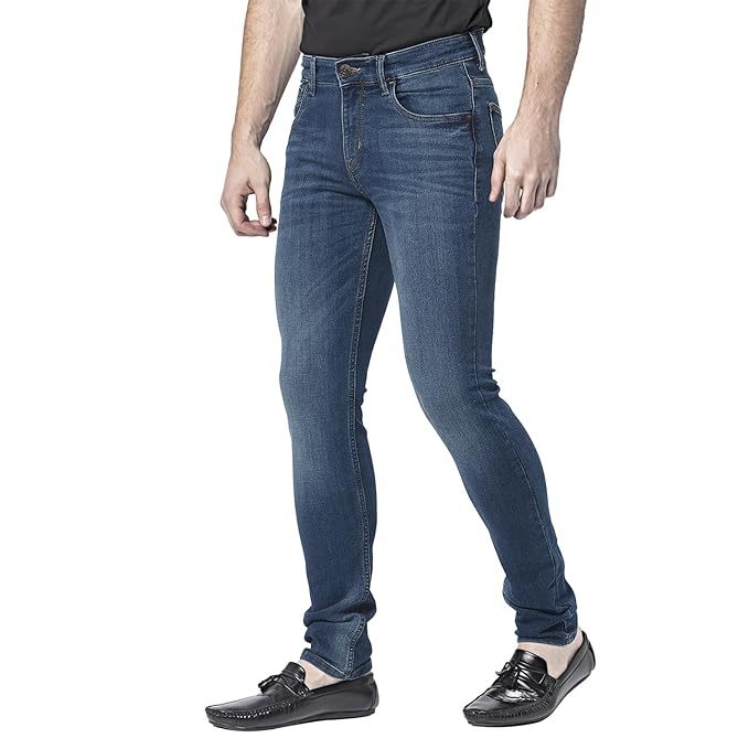 Jeans da uomo a vita media, slim fit, in denim tinta unita (taglia XL) (colore BLU)