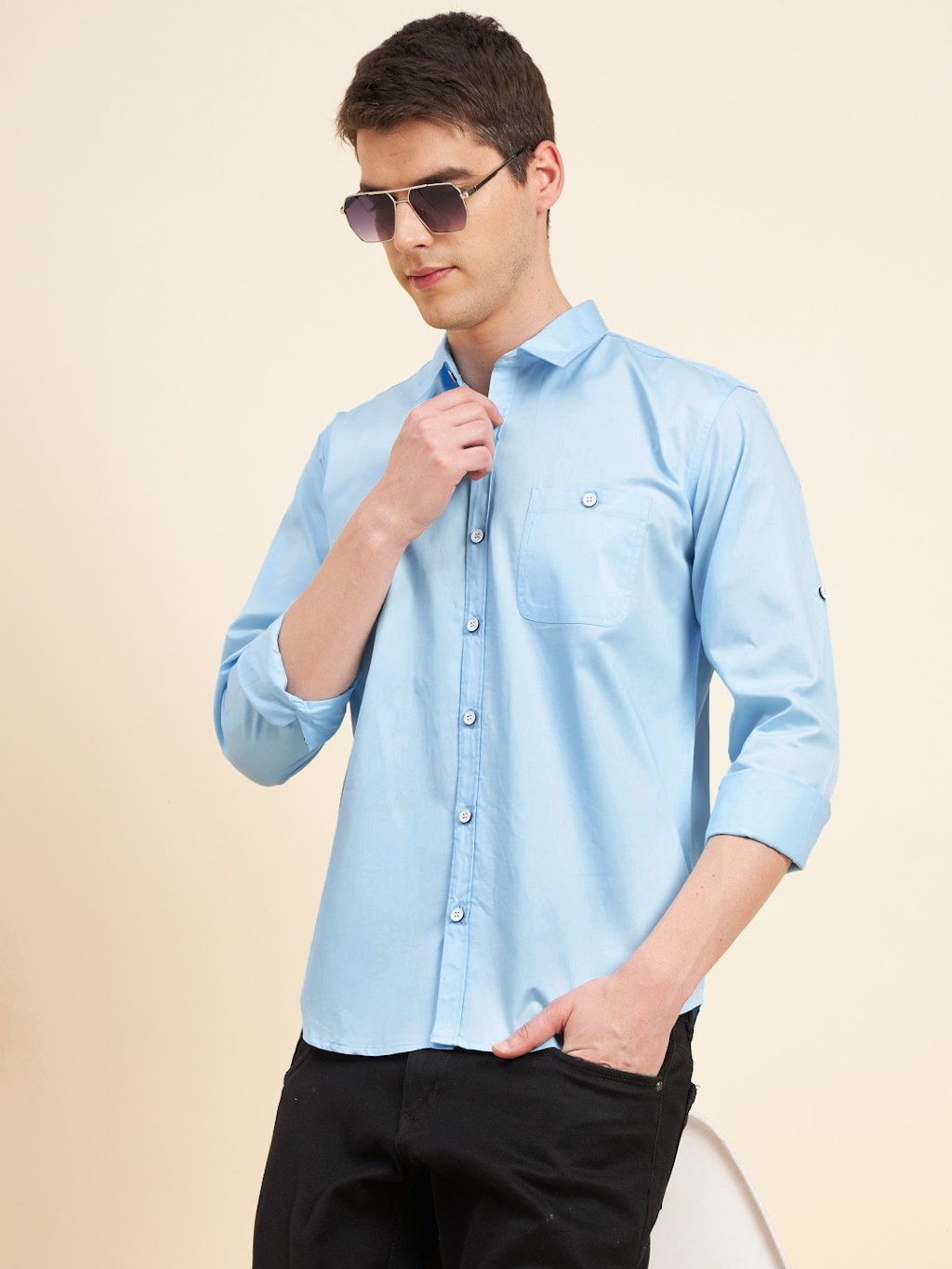 Camicia a maniche lunghe in cotone tinta unita da uomo (taglia S) (colore AZZURRO CHIARO)