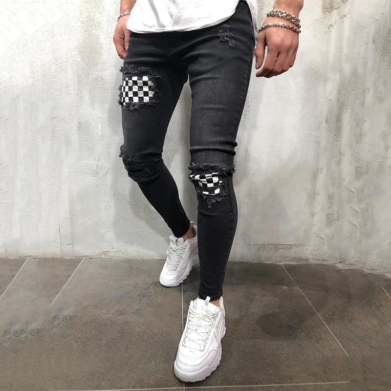 Jeans da uomo alla moda, pantaloni in denim con patchwork a traliccio, jeans casual skinny