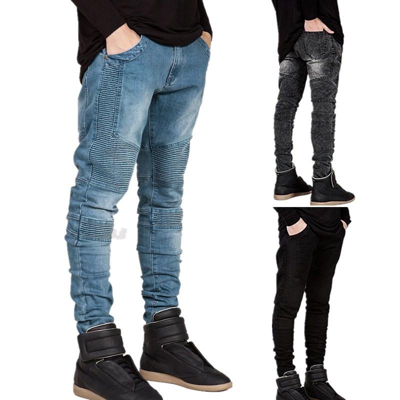 Jeans da uomo, pantaloni in denim elasticizzato slim fit, stile motociclista