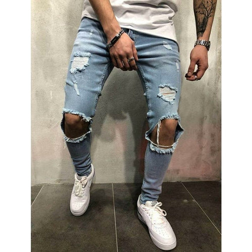 Jeans da motociclista strappati e rovinati da uomo, vestibilità slim, elasticizzati, di marca