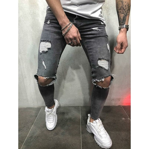 Jeans da motociclista strappati e rovinati da uomo, vestibilità slim, elasticizzati, di marca